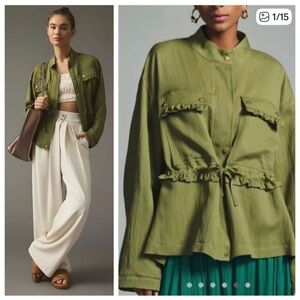 Anthropologie Olive Green Ruffle-Trim Utility Jacket